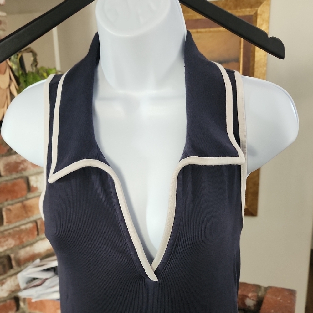 Veronica Beard Navy Halter Maxi Dress White Trim Elegant Minimalist - Picture 4 of 11